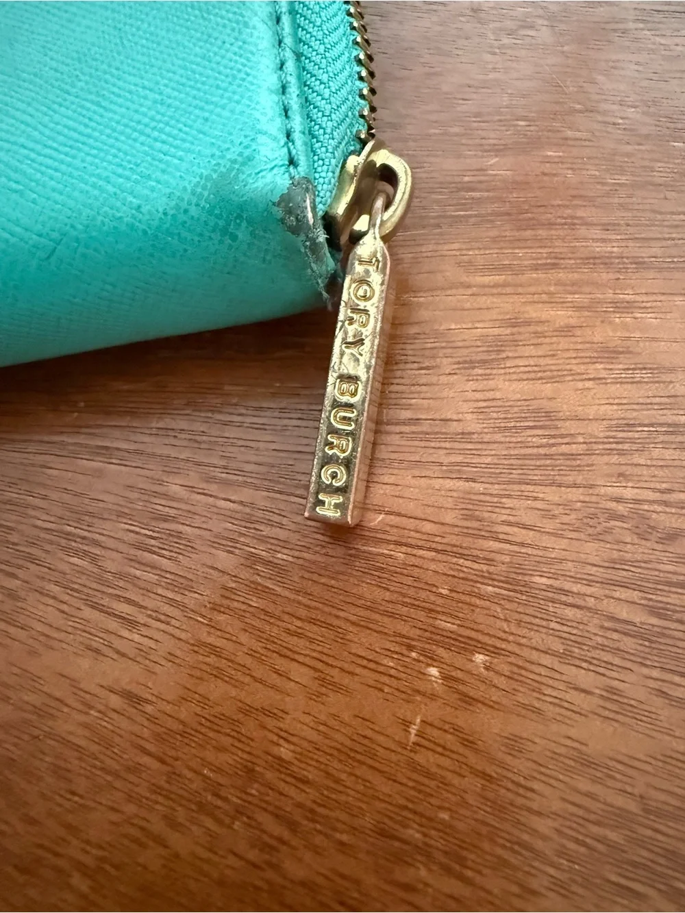 Tory Burch Teal Zip-Around Leather Wallet with Gold Logo